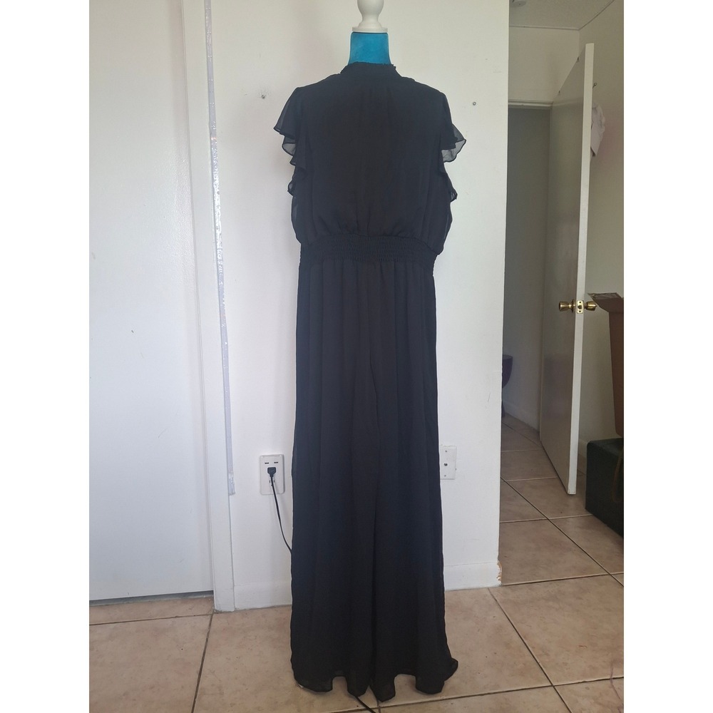 MSK Black Chiffon Wide Leg Jumpsuit XL Smocked Neck Waist Ruffle Sleeve